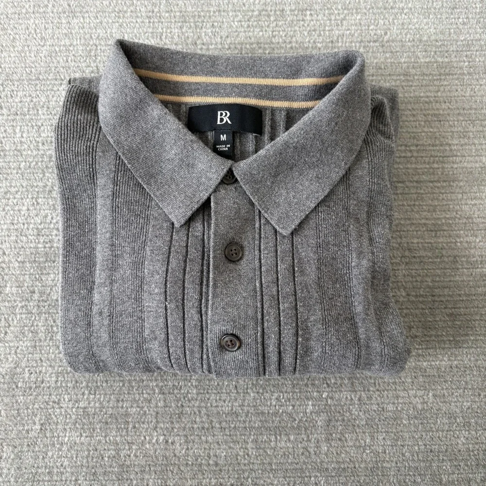 Banana Republic Pullover Sweater Mens M Gray Ribbed Knit Collared Cotton Office